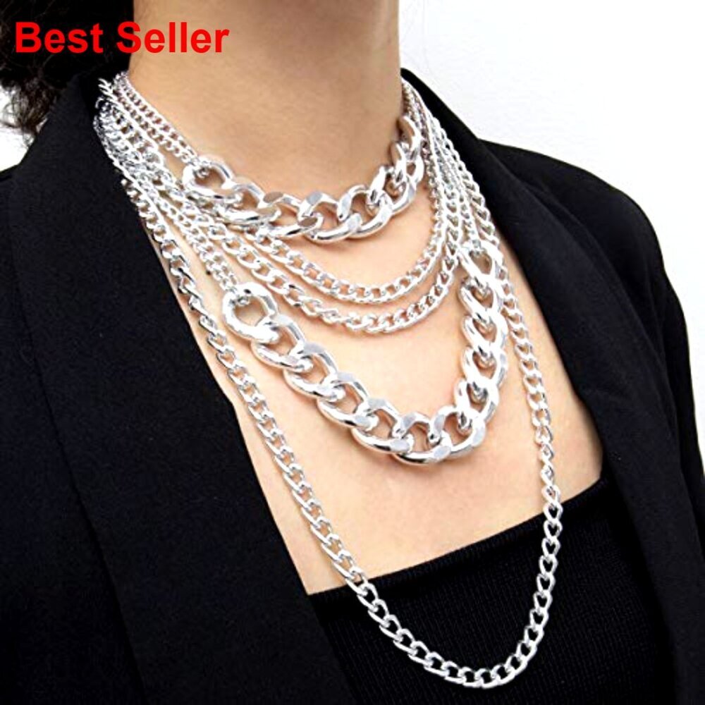 Chunky Silver Layered Chain Necklace, Link Design, Punk 80s Hip Hop Statement - Picture 4 of 6